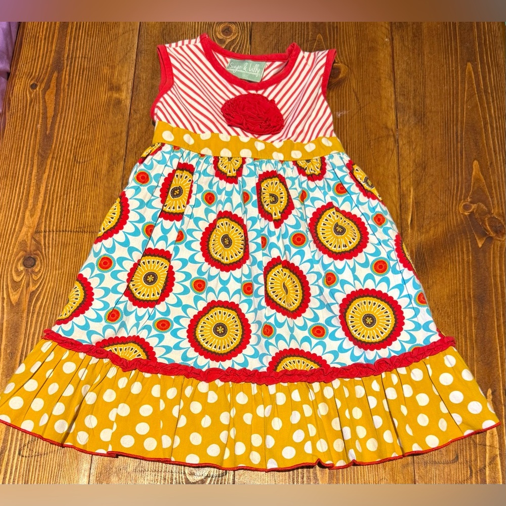 Girls Red, Yellow & Blue Floral Polka Dot Summer Dress